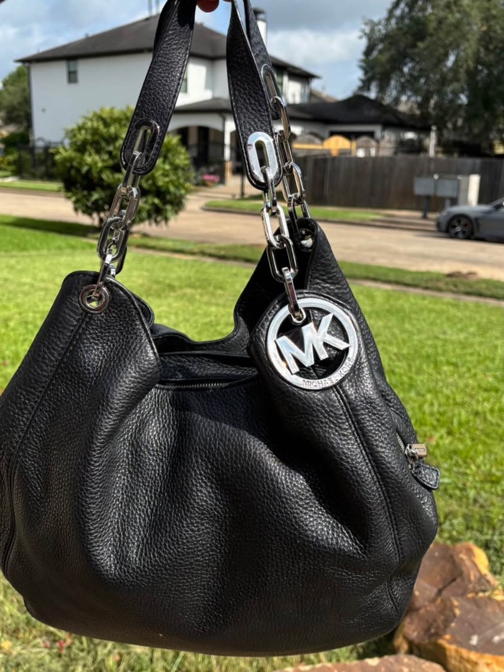 Michael Kors Black Pebbled Leather Shoulder Hobo with Silver-Tone Chain